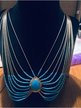 Liquid Silver Turquoise 10 Strand ZUNI or NAVAJO Necklace Artist Signed